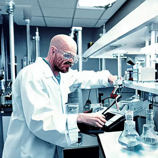 Prompt: walter white working side by side with a terminator in a chemistry lab, high res photograph,