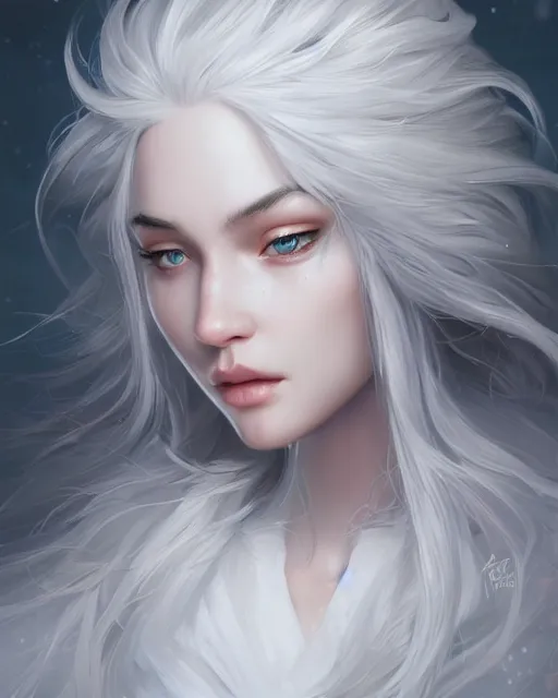 Image similar to portrait of a beautiful snow goddess, flowy white grey hair, grey eyes, cinematic lighting, highly detailed, digital painting, trending on artstation, pixiv, concept art, sharp focus, illustration, art by ross tran and wlop