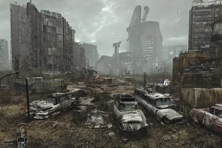 Image similar to rainy!!, ruined city!!, fallout, post apocalyptic, dystopian, futuristic machines