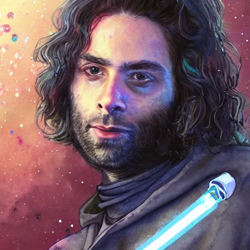 Image similar to a realistic star wars watercolor fantasy concept cart of chris d'elia as a drug dealer in a sleazy futuristic city of coruscant, hq, 4 k