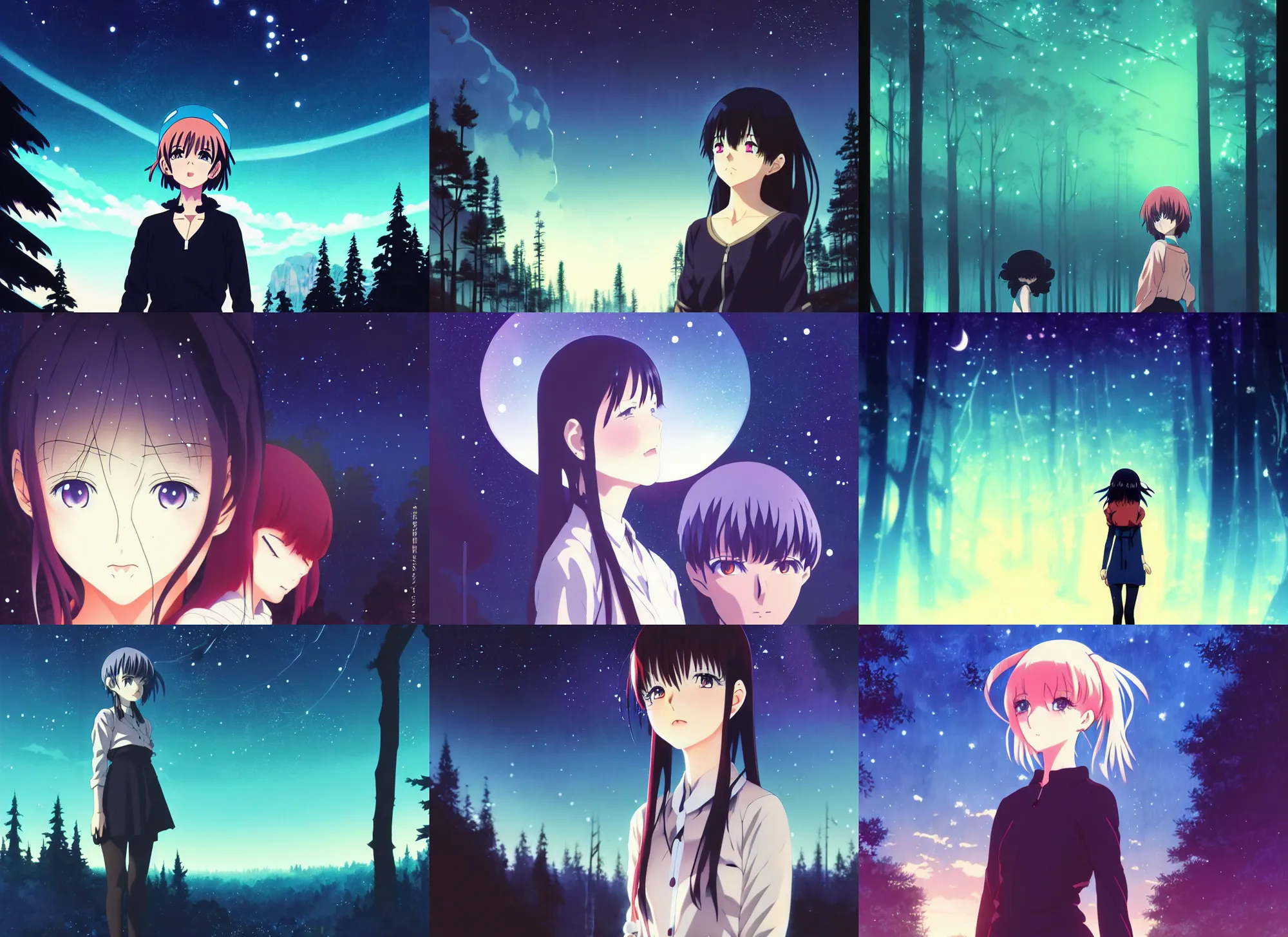 Prompt: anime cels, anime key visual, young woman traveling in a forest at night, night sky, nebula, very dark, cute face by ilya kuvshinov, yoh yoshinari, dynamic pose, dynamic perspective, rounded eyes, smooth facial features, dramatic lighting, psycho pass
