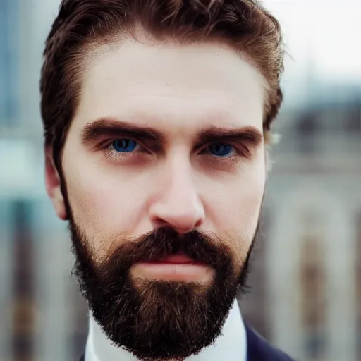 Prompt: face close up portrait photograph of a very tall, elegantly dressed, young, bearded, pale white businessman walking through the city