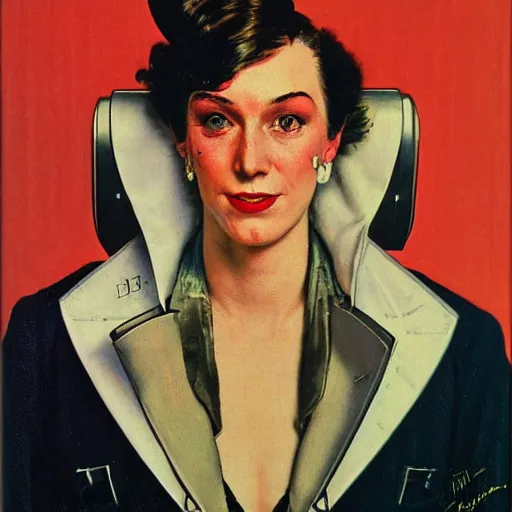 Prompt: portrait of a dapper cyberpunk woman so happy that her face hurts, by norman rockwell