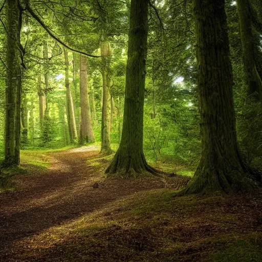 Image similar to A landscape photo of a beautiful forest scene. PROMPT, XF IQ4, 150MP, 50mm, f/1.4, ISO 200, 1/160s, natural light, Adobe Photoshop, Adobe Lightroom, DxO Photolab, Corel PaintShop Pro, rule of thirds, symmetrical balance, depth layering, polarizing filter, Sense of Depth, AI enhanced