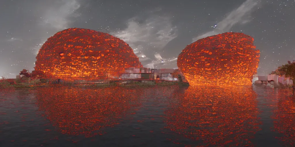 Image similar to An epic architectural rendering of a blob shaped trypophobia house with a mysterious red glow emitting from inside in a modern cityscape next to a river, stunning, gorgeous, golden ratio, photorealistic, featured on artstation, 4k resolution