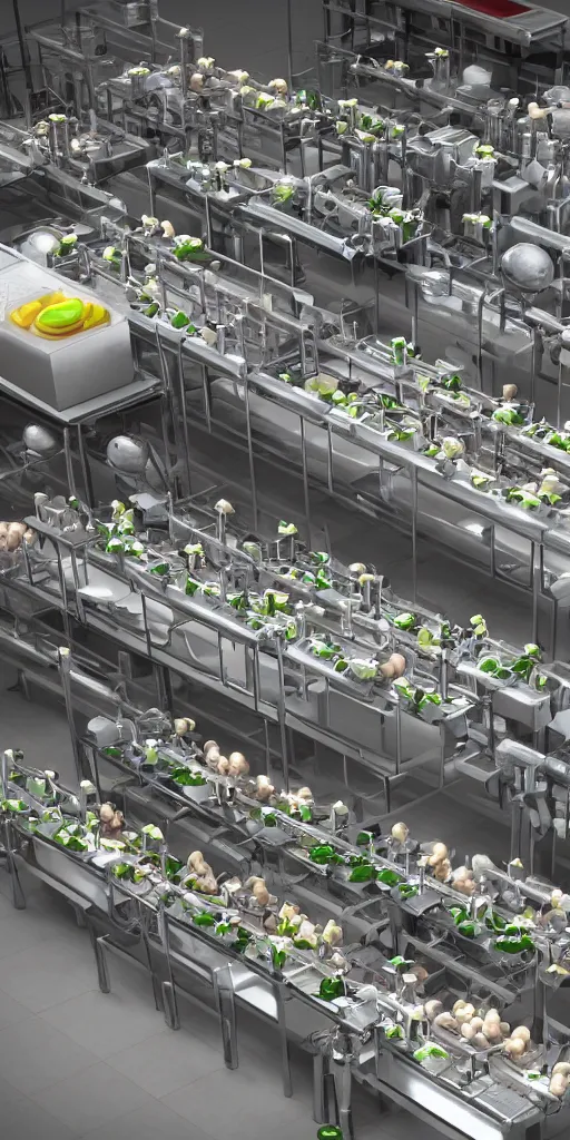 Prompt: concept art, industrial synthetic food production line. food, meat, fruit, vegetables, protein, organized, high detail, 8 k, octane rendering, unreal engine.