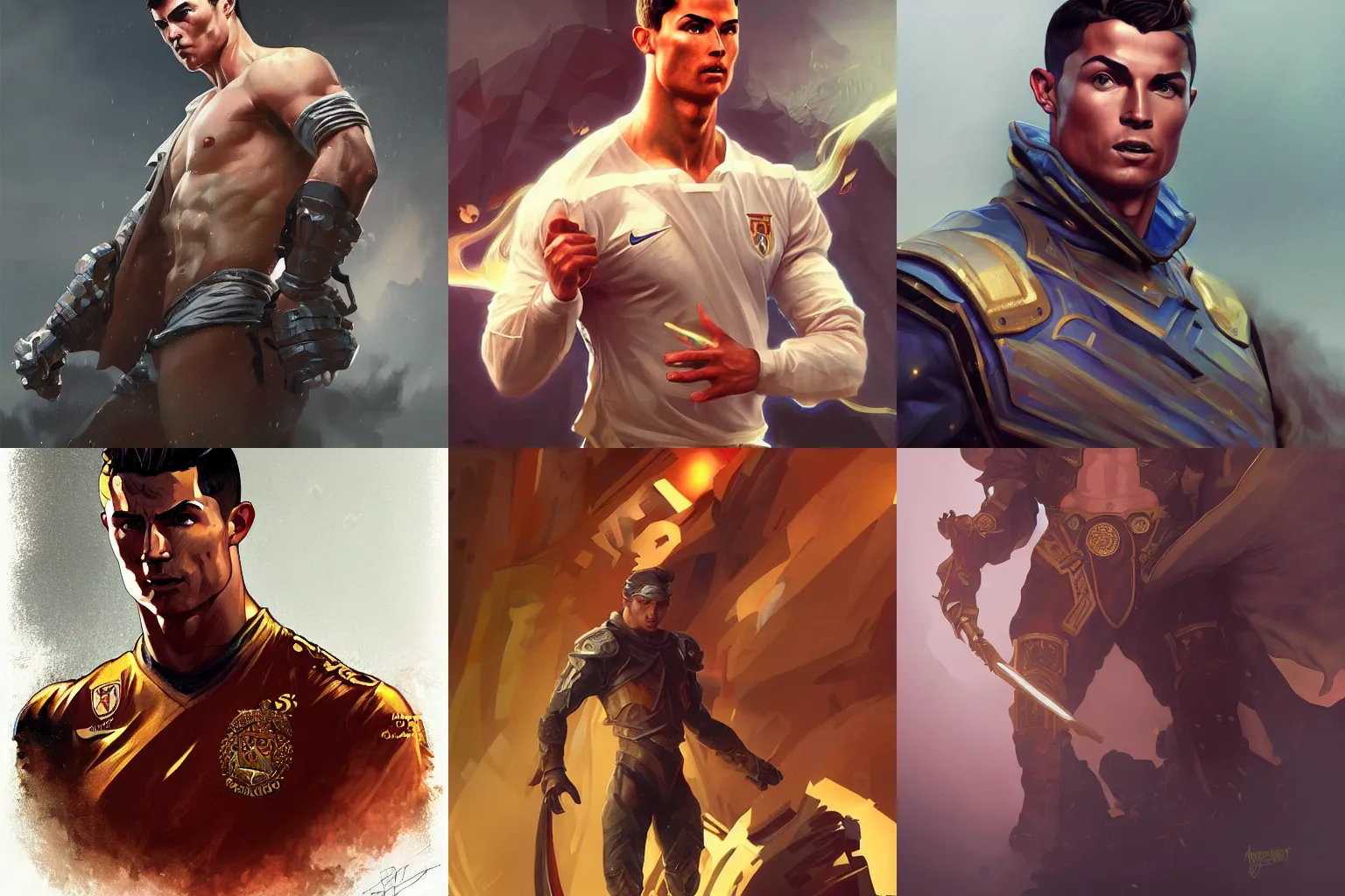 Prompt: Cristiano Ronaldo Russian hero digital fantasy character, painted portrait, artstation, concept art, hard focus, illustrations, works by Artgerm and Greg Rutkowski, Alphonse Mucha and Craig Mullins, James Jean, Andrey Ryabovichev, Mark Simonetti and Peter Morbacher, 16k,