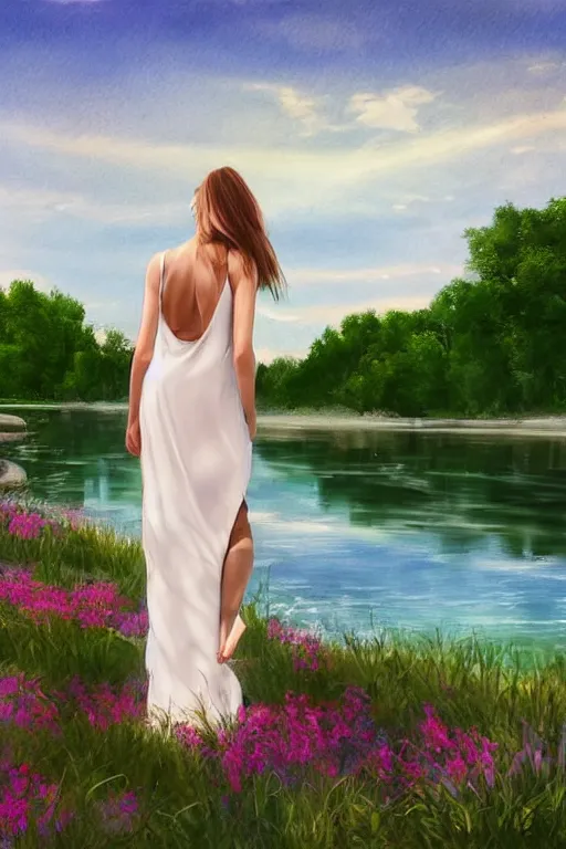 Image similar to a beautiful woman looking to the right side wearing a white dress, river in the background, serene scene, soft lighting, complementary colors, anatomically correct, five fingers, matte painting, centered, symmetrical, low contrast, heaven, path traced, highly detailed, high quality, 4 k, hyperrealistic, soft colors, beautiful landscape, realistic and defined face