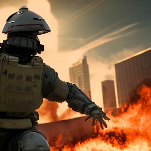 Image similar to An Armored soldier riding a hoverboard with several buildings on fire behind him, cinematic lighting, highly detailed, 8k octane render