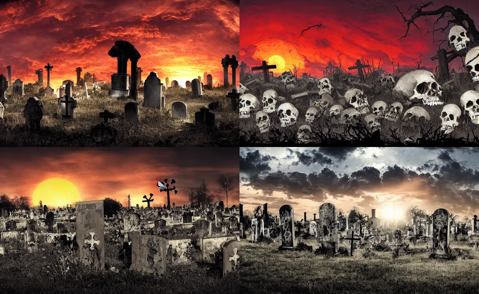 Prompt: abandoned graveyard with backlight ,skulls on the ground ,silhouette of a muscular skeleton with backlight watching nuclear explosion in far background, sunset cloudy panorama by frazetta