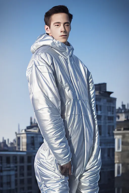 Image similar to un ultra high definition studio quality photographic art portrait of a young man standing on the rooftop of a british apartment building wearing soft baggy inflatable padded silver iridescent pearlescent clothing. three point light. extremely detailed. golden ratio, ray tracing, volumetric light, shallow depth of field. set dressed.