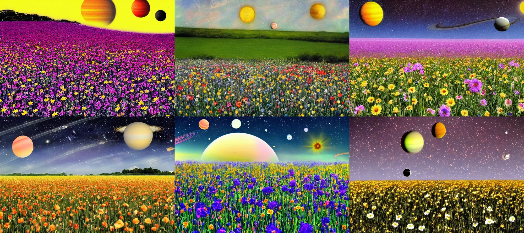 Prompt: Field of flowers with the planet Saturn in sky above