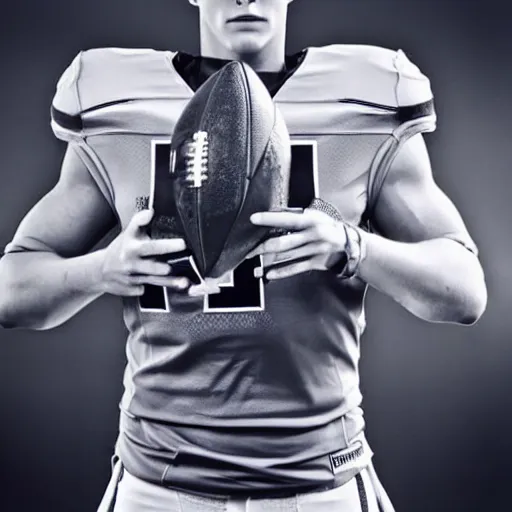 Image similar to “ a realistic detailed photo of a guy who is an attractive humanoid who is half robot and half humanoid, who is a male android, football player christian mccaffrey, shiny skin, posing like a statue, blank stare, on the field, on display ”