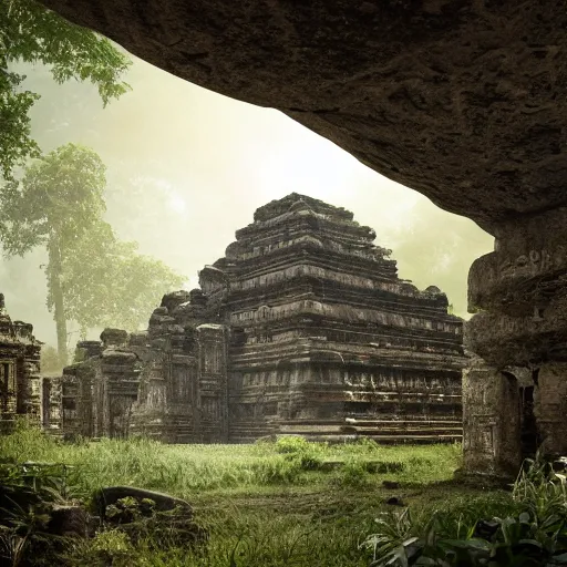Prompt: The Lost Temple: An ancient temple that has been lost in the jungle for centuries. It's said to be guarded by a vicious tribe of savages. octane render, 8k