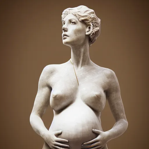 Image similar to a statue made of white marble with gold veins, of an beautiful pregnant woman in a light dress, perfect symmetrical body, perfect symmetrical face, closed eyes, hyper realistic, hyper detailed, fujicolor superia, bokeh background, full body shot, by peter kemp, by monia merlo octane render, blender, 8 k