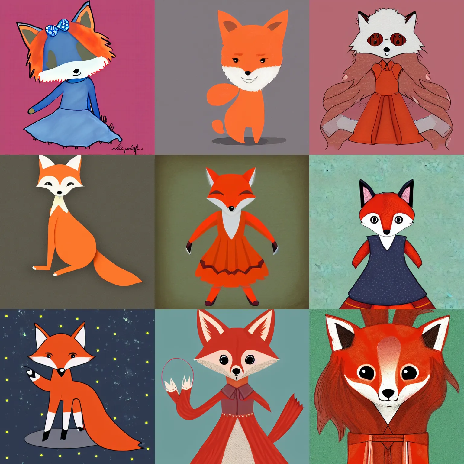 Prompt: digital art of a cute fox wearing a dress