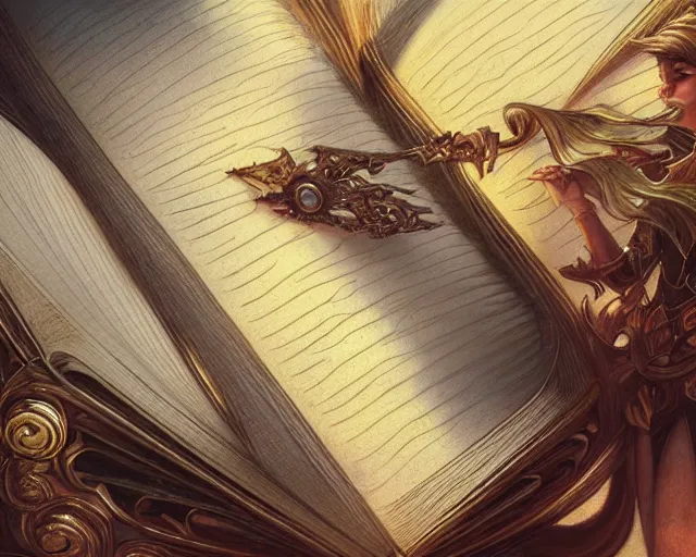 Image similar to close up of a dusty spell book, deep focus, d & d, fantasy, intricate, elegant, highly detailed, digital painting, artstation, concept art, matte, sharp focus, illustration, hearthstone, art by artgerm and greg rutkowski and alphonse mucha