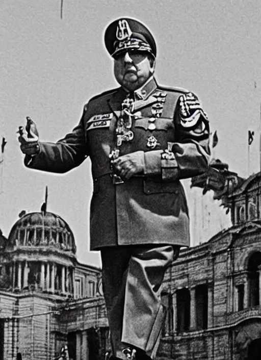 Prompt: pinochet as a cyborg wearing military clothes with la moneda palace in the background and planes furrowing