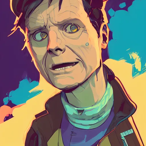 Image similar to a study of cell shaded portrait of marty mcfly as Borderlands 3 concept art, llustration, post grunge, concept art by josan gonzales and wlop, by james jean, Victo ngai, David Rubín, Mike Mignola, Laurie Greasley, highly detailed, sharp focus, alien, Trending on Artstation, HQ, deviantart, art by artgem