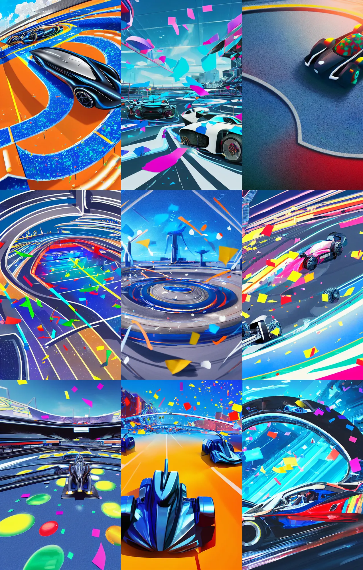 Prompt: wide angle shot of a futuristic vehicle racetrack winners circle with confetti on a sunny day with a clear blue sky, cyberpunk, profile shot, digital painting, good value control