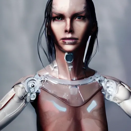 Prompt: photographic stil of beautiful model, a human robot woman, artificial flesh, bones, blood, cyberpunk, westworld style, medium - shot, insanely detailed, photorealistic, beautiful soft light, octane render, by annie leibowtiz