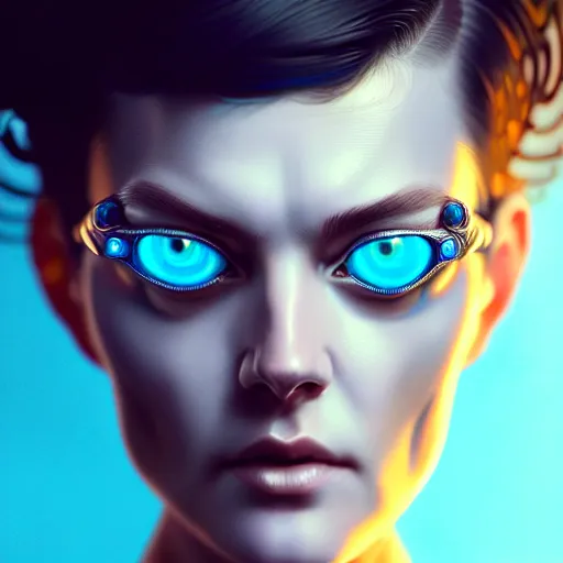 Image similar to woman with extremely large and intricate haircut with friendly blue eyes and slim features looking askance, eye cyberpunk bionics, retro futurist style, intricate, elegant gleaming jewelry, angelic halo, highly detailed, digital painting, artstation, concept art, smooth, sharp focus, illustration, art by wlop, mars ravelo and greg rutkowski,