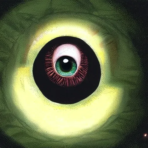 Image similar to a gigantic eyeball hovers over a forest, it looks down on you. wide angle, ratio 16:9. pov shot, you are standing right below the eye and look up. dramatic lighting, concept art, award winning. illustration by Brian bolland