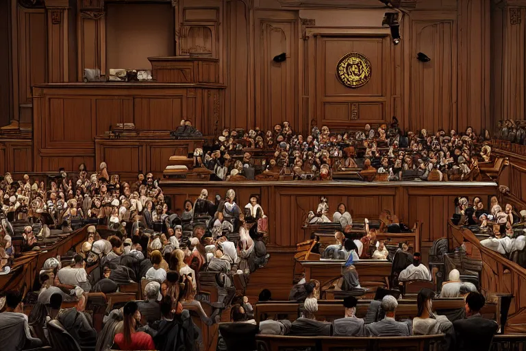 Image similar to a mouse as a judge in the courtroom with crowd of people, dramatic shot, wide angle hypermaximalistic, high details, cinematic, 8k resolution, beautiful detailed, insanely intricate details, artstation trending, octane render, unreal engine