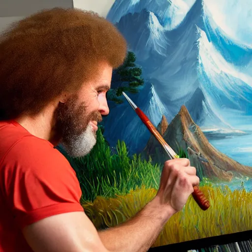 Image similar to a closeup photorealistic photograph of bob ross working on a canvas painting of aquaman. film still. brightly lit scene. mountains and trees. this 4 k hd image is trending on artstation, featured on behance, well - rendered, extra crisp, features intricate detail, epic composition and the style of unreal engine.