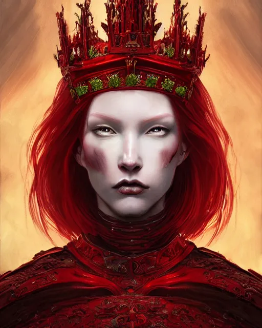 Image similar to redhead queen knight in red armor, inside an epic gothic castle, baroque, large crown, face with scars, intimidating, ominous, high fantasy, intricate detail, digital painting, artstation, concept art, smooth, sharp focus, illustration, art by yoshitaka amano and monia merlo and wlop