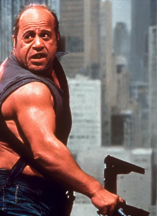 Prompt: film still of Danny DeVito as John McClane in Die Hard, 4k