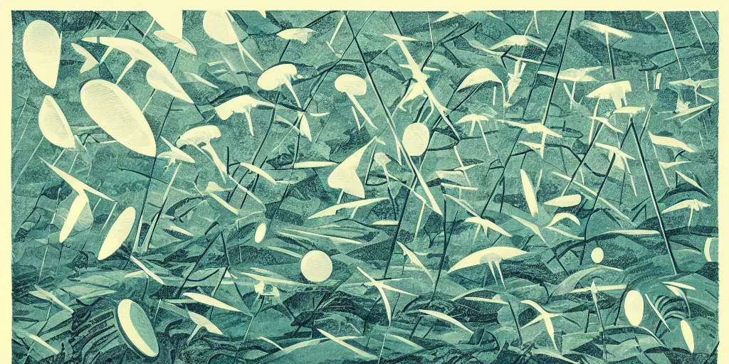 Image similar to The artwork by Aaron Douglas of the cinematic view of a forest of giant diatoms