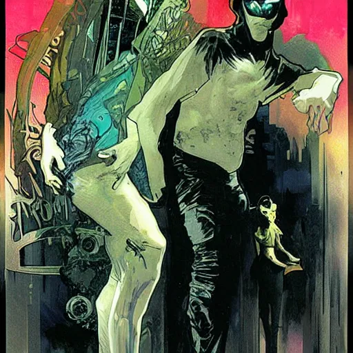 Image similar to cyberpunk dreaming by dave mckean and alphonse mucha and bill sienkiewicz