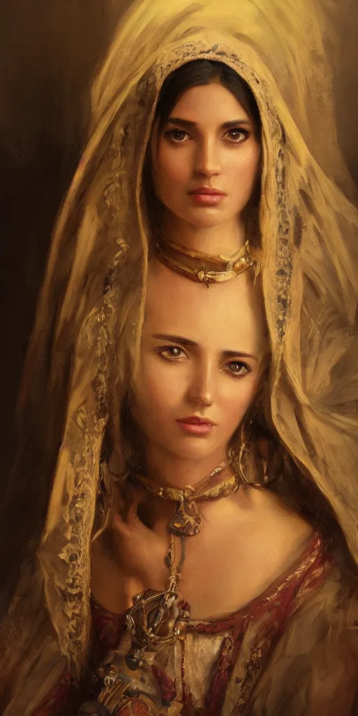 Image similar to Highly detailed and cinematic romantic period oil painting of an Arabian princess face portrait, an oil painting ((masterpiece)) by ((Josep Tapiró Baró)), RPG portrait, dynamic lighting, 8K