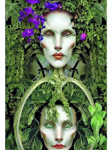 Image similar to The Hanging-Gardens of Pareidolia, lobelia, ivy, verbena and pothos growing facial features and optical-illusions, aesthetic!!!!!!!!!!, by Chris Tulloch McCabe in the style of Gerald Brom,