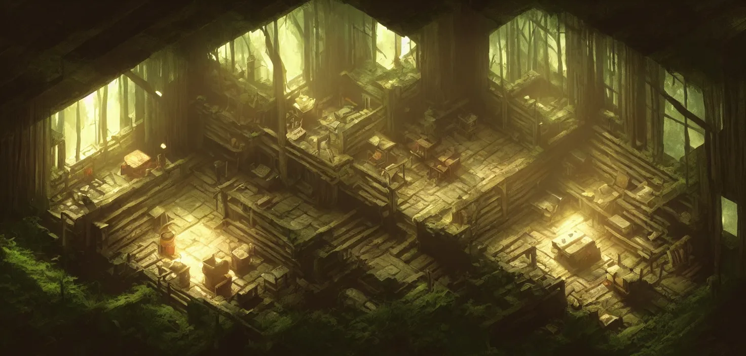 Image similar to concept art of an inside of a cabin in the woods, isometric view, detailed, volumetric lighting, style of greg rutkowski