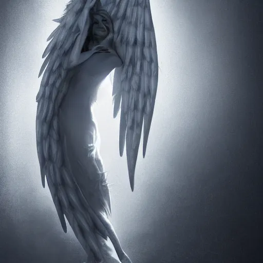 Image similar to abstract digital character art, fallen angel crouched down in a pillar of light, wings open, high contrast hd optics, 8 k dop dof, by bastion lecouffe - deharme