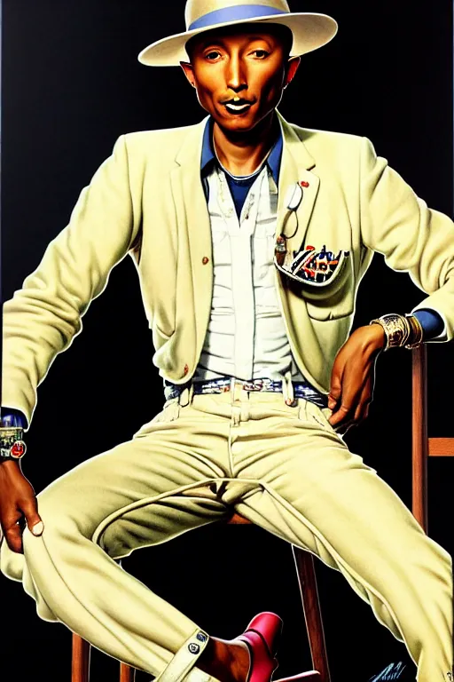 Image similar to pharrell williams by gil elvgren and norman rockwell and rob gonsalves and hajime sorayama, hyperrealistic, high detail, ultra detailed, highly detailed face, ruffled fabric