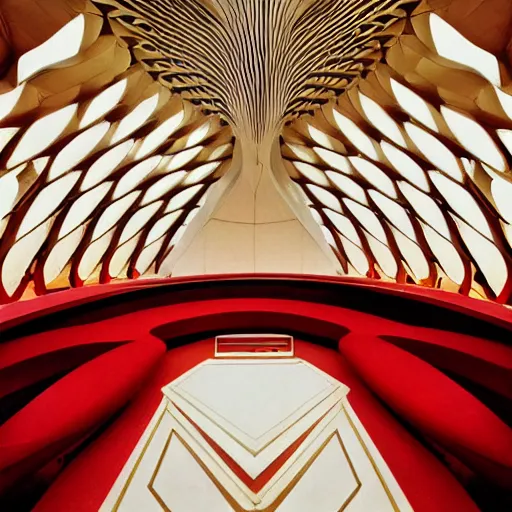 Image similar to interior of a futuristic lotus temple with gold, red and white marble panels, in the desert, by buckminster fuller and syd mead, intricate contemporary architecture, photo journalism, photography, cinematic, national geographic photoshoot