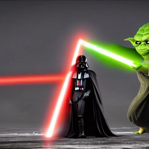 Prompt: stunning awe inspiring darth vader fighting yoda, movie still 8 k hdr atmospheric lighting