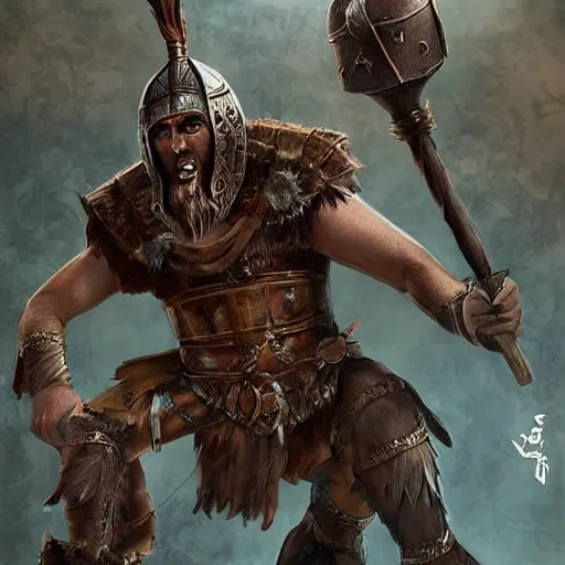 Image similar to a tall giant with arms that dangle all the way down to his feet, he is wearing a bronze chest plate and a Viking helmet. Epic digital art