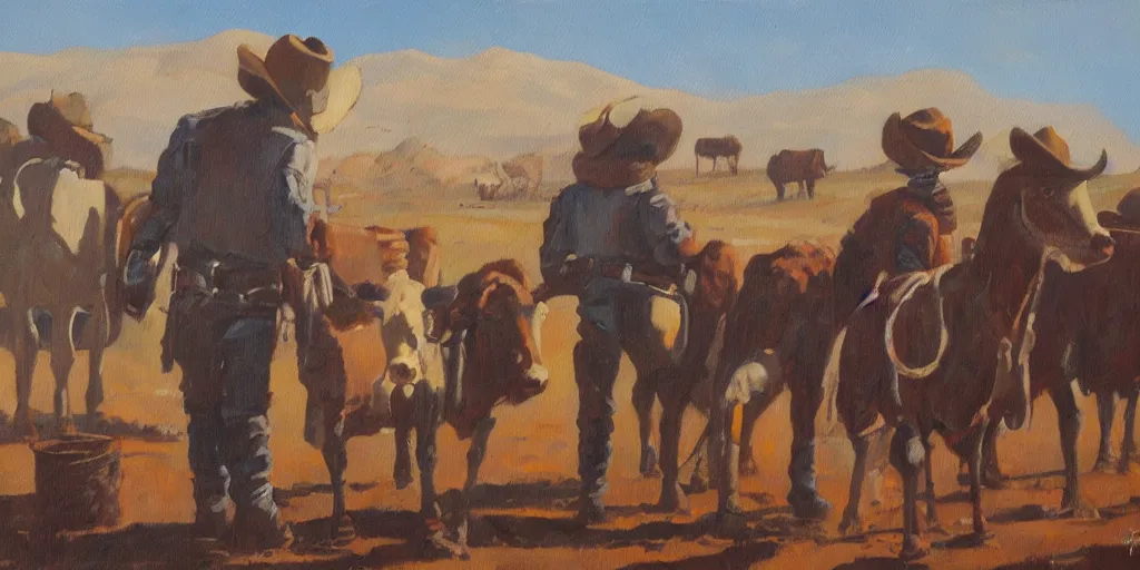 Prompt: Robot cowboys settling in for the night after a long day herding alien cows, old west landscape oil paint on canvas