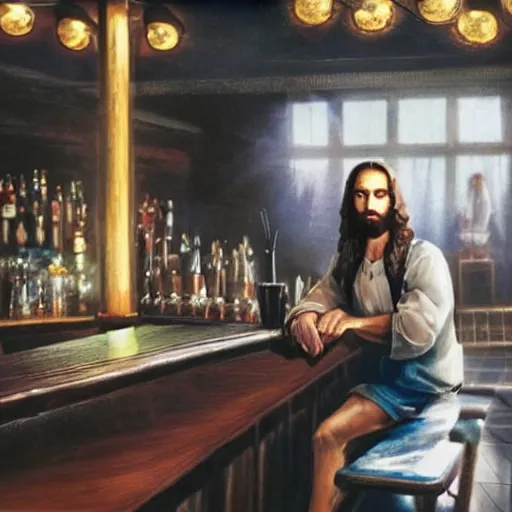 Image similar to a still of jesus sitting on a stool at the bar, last call. dark, smoky. he's looking to sin