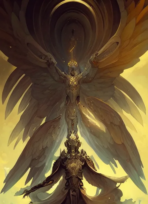 Prompt: archangel micheal detailed illustration by peter mohrbacher and by victo ngai, karol bak, yukito kishirotrending on artstation