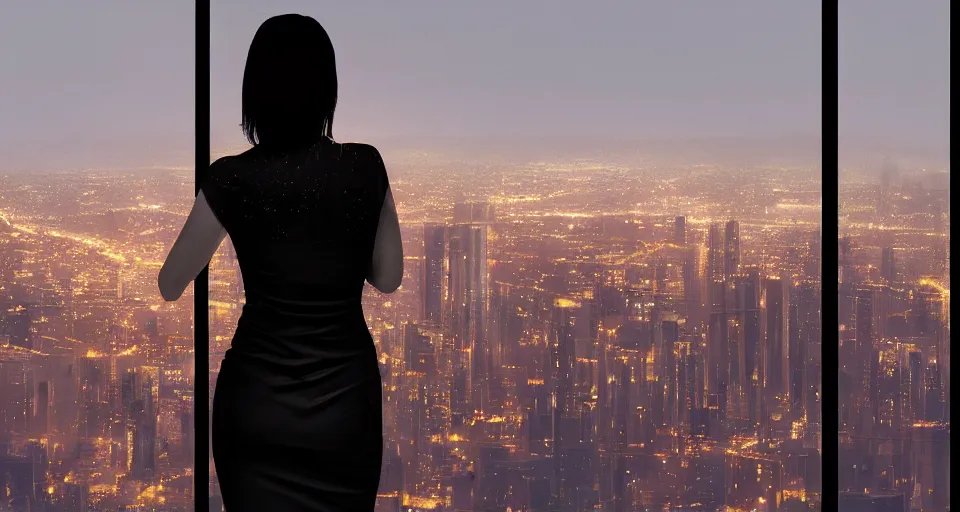 Prompt: back of woman wearing stylish black minidress looking out a penthouse window at a panoramic view of a cyberpunk city at night, bokeh lights, artstation trending, matte painting, concept art