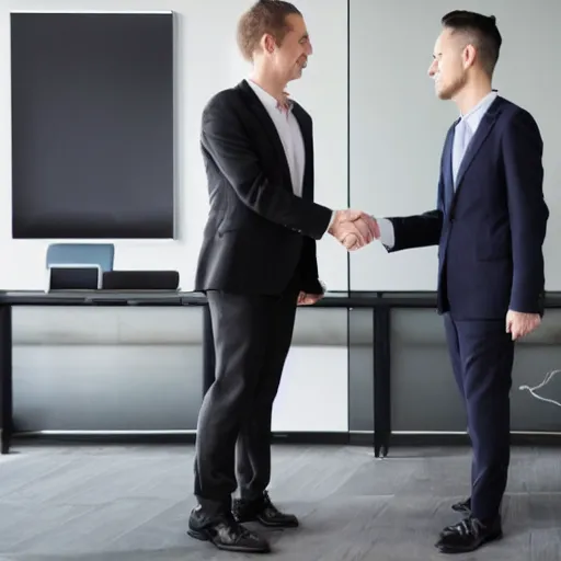 Prompt: Two businessmen part of a megacorp are shaking hands in a very professional manner