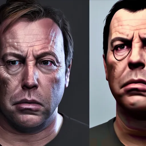 Image similar to hyperrealistic mixed media image of info wars alex jones dumbfounded gta v, stunning 3 d render inspired art by xiang duan and thomas eakes and greg rutkowski, perfect facial symmetry, hyper realistic texture, realistic, highly detailed attributes and atmosphere, dim volumetric cinematic lighting, 8 k octane detailed render, post - processing, masterpiece,