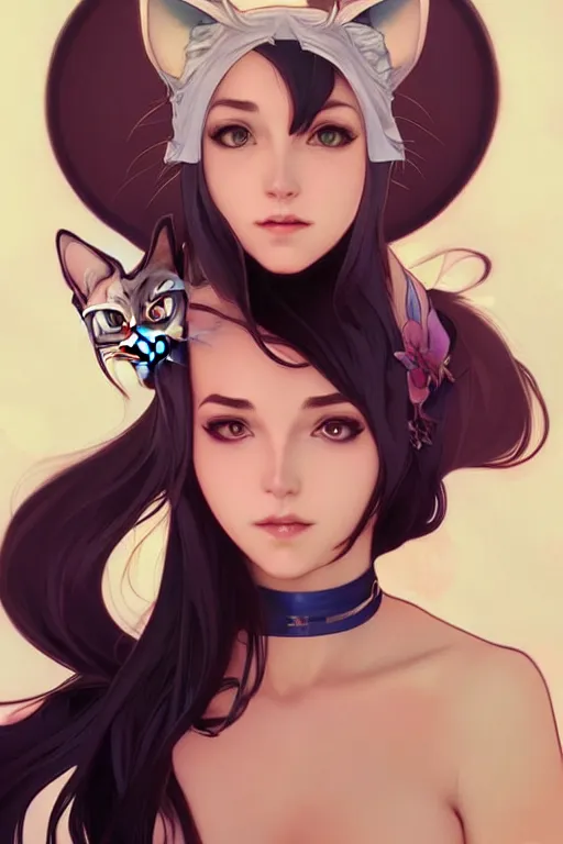 Prompt: a beautiful woman with cat ears, highly detailed, digital painting, artstation, concept art, smooth, sharp focus, illustration, art by artgerm and alphonse mucha, high definition digital art, in the style of ross tran and ilya kuvshinov