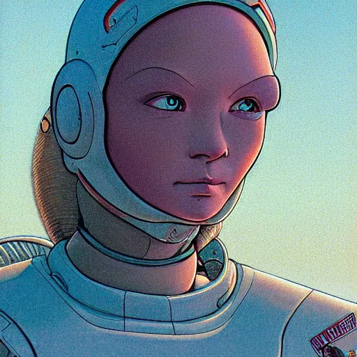 Image similar to close up portrait of the young spaceship pilot girl, front view, masterful, in the style of moebius, akira toriyama, jean giraud