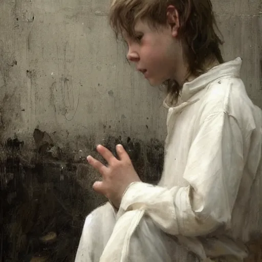 Image similar to a ghost boy with white!!!!!! hair quietly watching the living continue their lives. waterhouse. geoffroy thoorens.